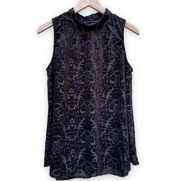 New Directions Black Velvet Flocked Damask Mock Neck Sleeveless Top Medium - Picture 1 of 4